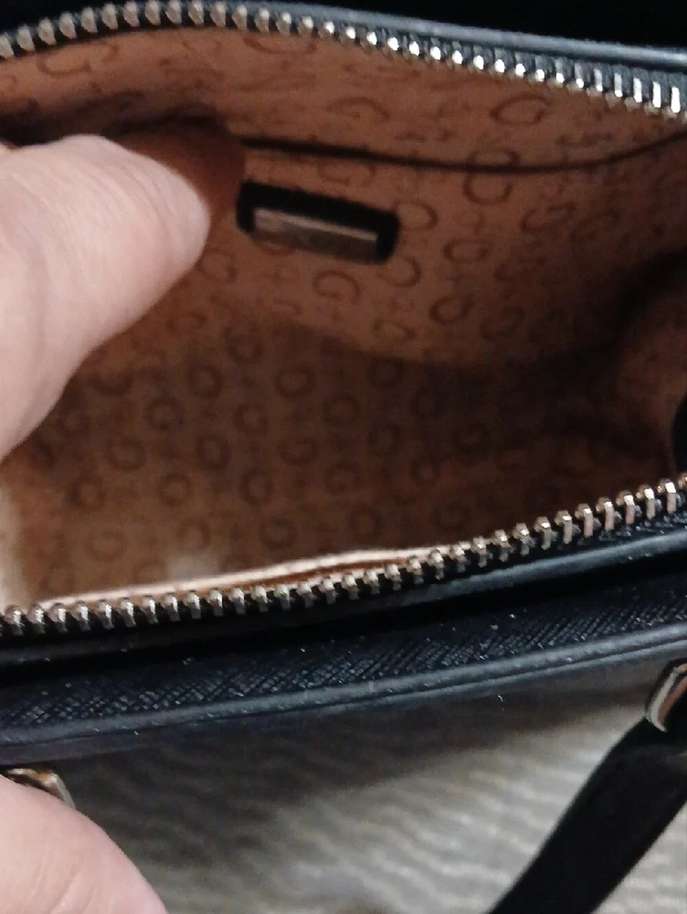 Guess Black Logo-Pattern Satchel with Silver Triangle Emblem